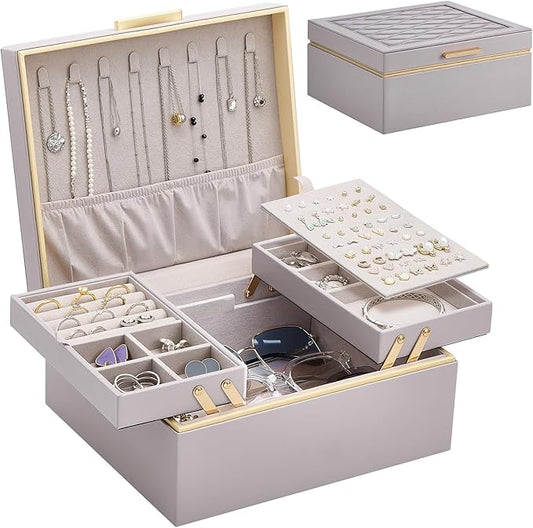 Lolalet Jewelry Box Organizer for Women Girls, 2 Layer Jewelry Organizers and Storage for Necklace Earrings Rings Bracelets, Large Jewellery Holder Case Birthday Mothers Day Gifts -HazePurple