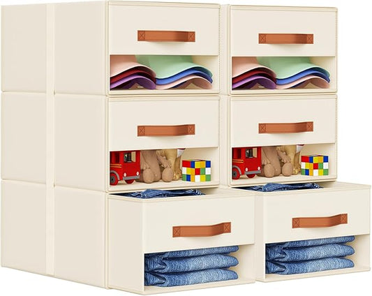 DIMJ Closet Organizers and Storage - Fabric Bins with Drawers for Closet Foldable Clothes Organizers with Clear Window, Stackable Storage Drawers Units for Bedroom, Living Room, Medium 6-Pack, Beige