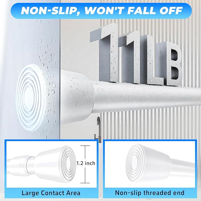 2 Pack White Tension Rods, 33"-59" Adjustable Shower Curtain Rods, Heavy Duty No Drilling Rod, 11lbs Max Load, 1.2" End Cap, 19/22mm Tube, Metal, for Bathroom, Window, Bedroom, Doorway, Closet
