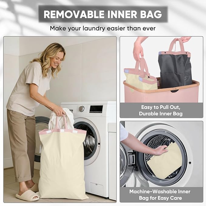 BALEINE Laundry Hamper with Lid, Tall Laundry Baskets with Bamboo Pull Handles, Large Laundry Bin with Internal Support (36 Gal/140L, Pink)