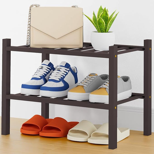 Smiry Shoe Rack, 2 Tier Thick Small Bamboo Shoe Organizer, Stackable Free Standing Wooden Shoe Storage Shelf for Closet, Entryway, Front Door Entrance, Black