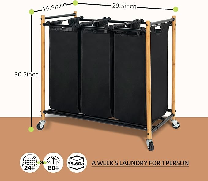 STORAGE MANIAC Laundry Sorter, Laundry Hamper with Wheels, Laundry Basket Sorter, Laundry Separator Hamper, Laundry Divider Hamper (Bamboo, 3 Section)