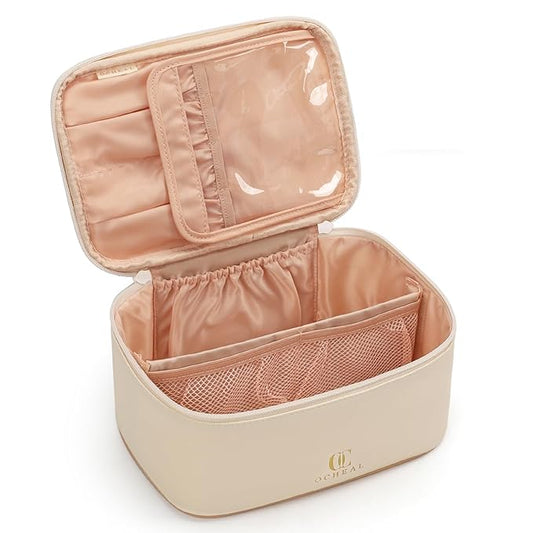 OCHEAL Beige Makeup Bag,Travel Makeup Organizer Bag, Large Capacity Cosmetic Bags For Women Large Travel Toiletry Bag Girls Traveling With Brush Slot And Divider-White