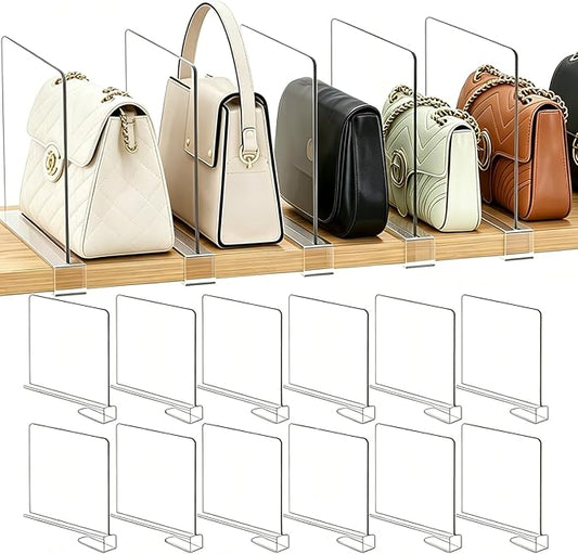 Acrylic Shelf Dividers for Closet Organization: Clear Handbag Purse Organizer for Closet - Shelf Separators for Sweater Sweatshirt Clothes Towel in Bedroom Kitchen, 12Pack