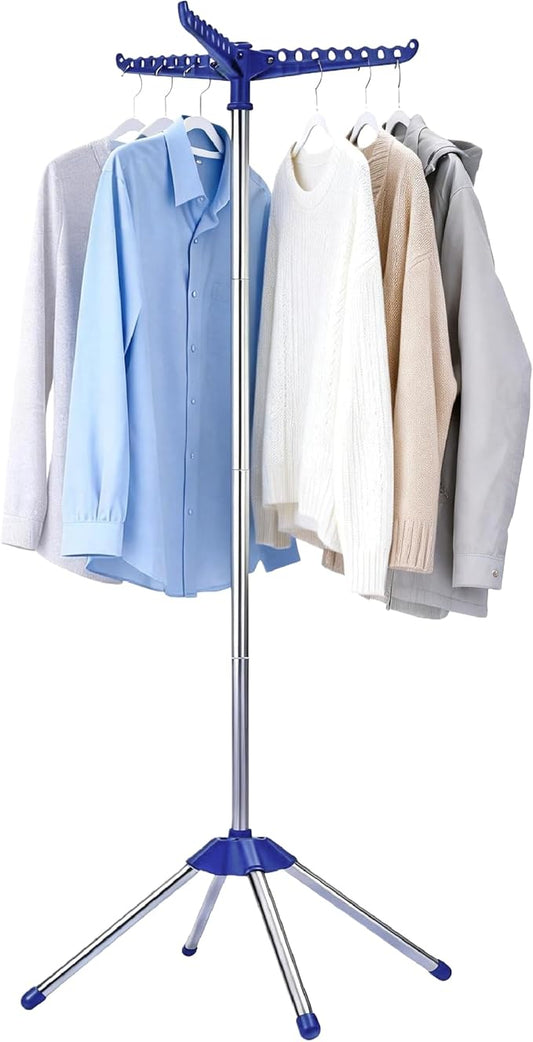 Beaudaily Clothes Drying Rack, Foldable Laundry Drying Rack, Indoor 59-Inch Drying Rack Clothing with 3 Rotatable Arms, Stainless Steel, Holds 27 Pieces, Space Saving, Portable, Blue and Silver