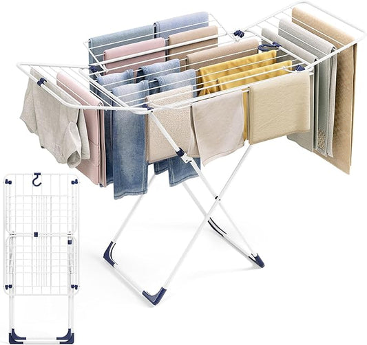 APEXCHASER Clothes Drying Rack, Metal Drying Rack Clothing, Laundry Rack Foldable, Space-Saving, Free-Standing Airer with 4 Gullwings, Indoor Outdoor Use, 55.12"*37.8"*17.52", White