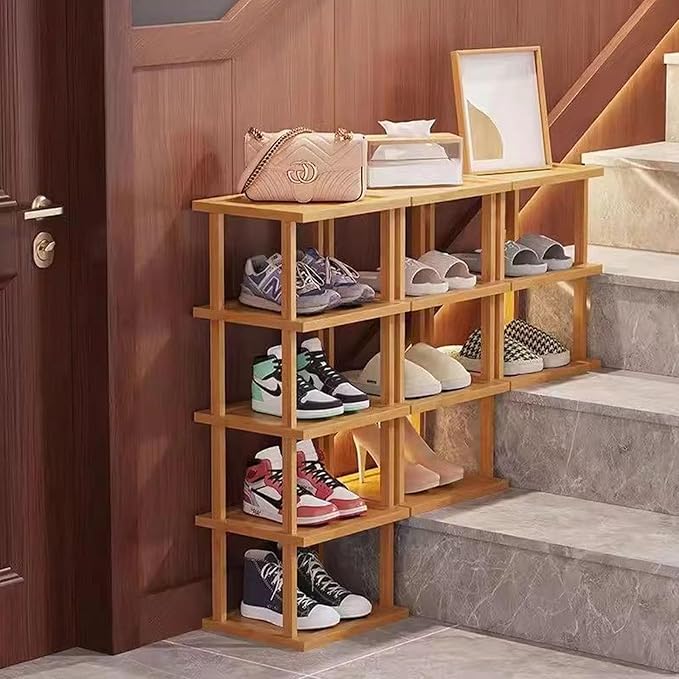 Bamboo Shoe Rack 5Tier- Vertical Shoe Rack for Small Spaces, Tall Narrow Shoe Rack Organizer for Closet Entryway Corner Garage and Bedroom,Skinny Shoe Shelf with Free Stackable DIY