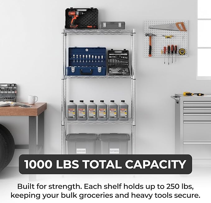 5-Tier Heavy Duty Adjustable Shelves, Metal Storage Rack with 250-lb Shelf Capacity, Chrome, 14" W x 24" L x 59" H