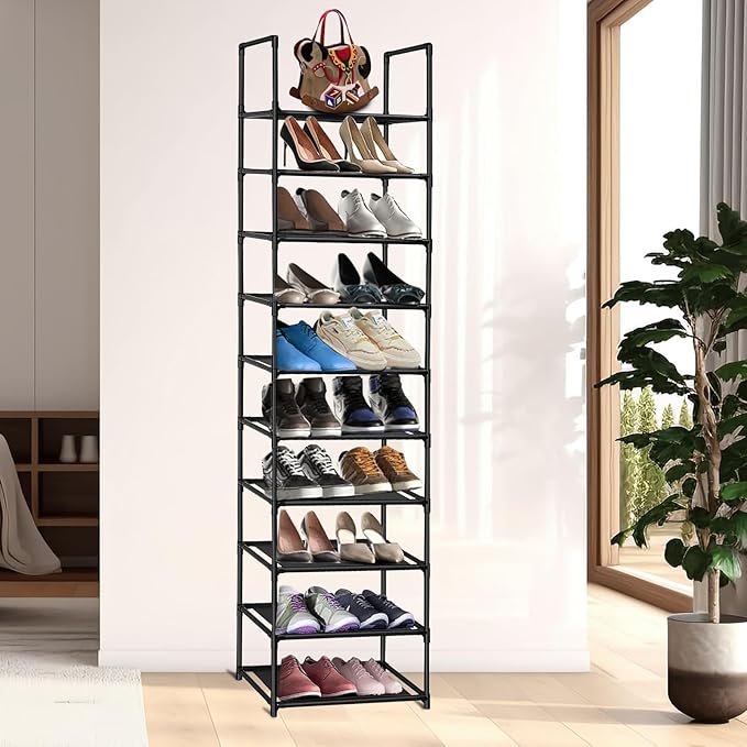 10-Tier Shoe Rack,Space Saving Shoe Storage Tall Shoe Rack Organiser Shelf Non-Woven Fabric Shoe Tower for Closet Entryway Hallway Quick Assembly No Tools Required