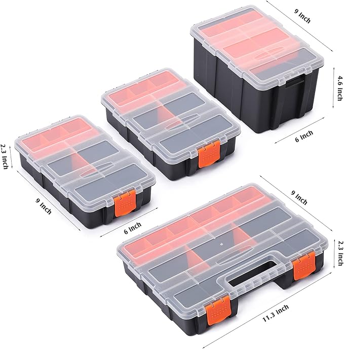 MIXPOWER 4 Piece Set Toolbox Hardware & Parts Organizers, Versatile and Durable Storage, Customizable Removable Plastic Dividers, storage and carry, Black/Orange