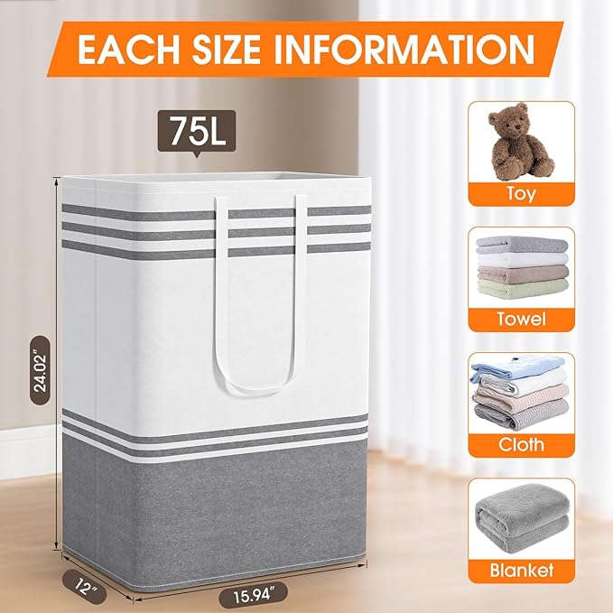 2 Pack Large Laundry Baskets, Laundry Hampers, Freestanding Waterproof Collapsible Clothes Bags with Reinforced Handles - Foldable Dirty Clothes Basket for Dorm, Bathroom, Room (Grey/75L)