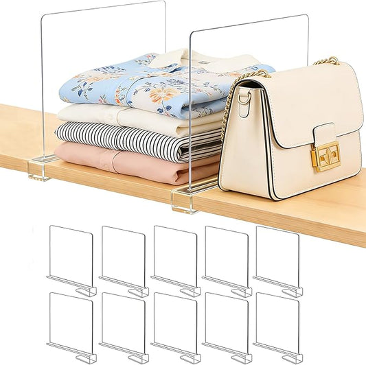 Acrylic Shelf Dividers for Closet Organization: Clear Handbag Purse Organizer for Closet - Shelf Separators for Sweater Sweatshirt Clothes Towel in Bedroom Kitchen, 10Pack