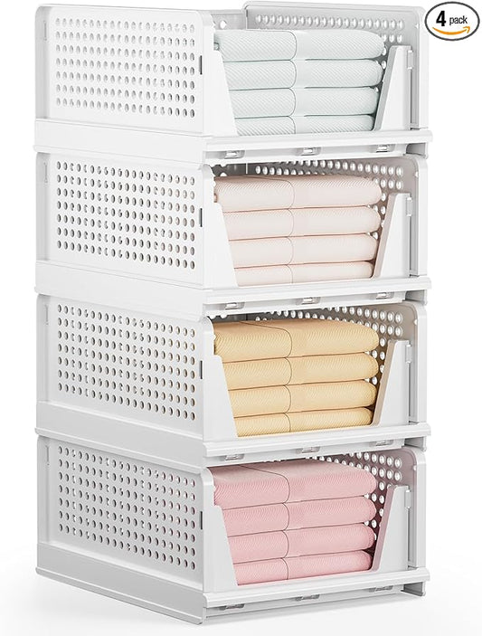 Mavivegue 4 Pack Stackable Closet Storage, Plastic Drawer Basket,Closet Organizers Storage Box for Cupboard,Bedroom, Kitchen, Bathroom, Office White