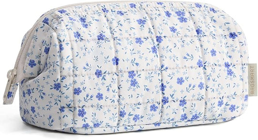 BAGSMART Makeup Bag Travel Toiletry Bag, Puffy Padded Make Up Bags for Women Makeup Organizer Case, Wide-open Pouch Purse Travel Essentials Toiletries Accessories Brushes, Blue Ditsy Floral