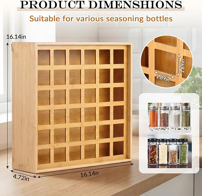 Novabright 36 Grids Bamboo Spice Rack Organizer, Wooden Spice Rack Wall Mount with Square Compartments, Wood Hanging Shelf for 4 oz Glass Jar Drawer Cabinet Kitchen Countertop Wall