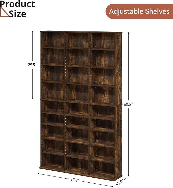 DVD Storage Tower with Adjustable Shelves, 9-Tier DVD Rack Tower for CDs, DVDs, Blu-Rays, Video Games, Rustic Brown Multimedia Storage Cabinet, Media Shelf Organizer for Living Room