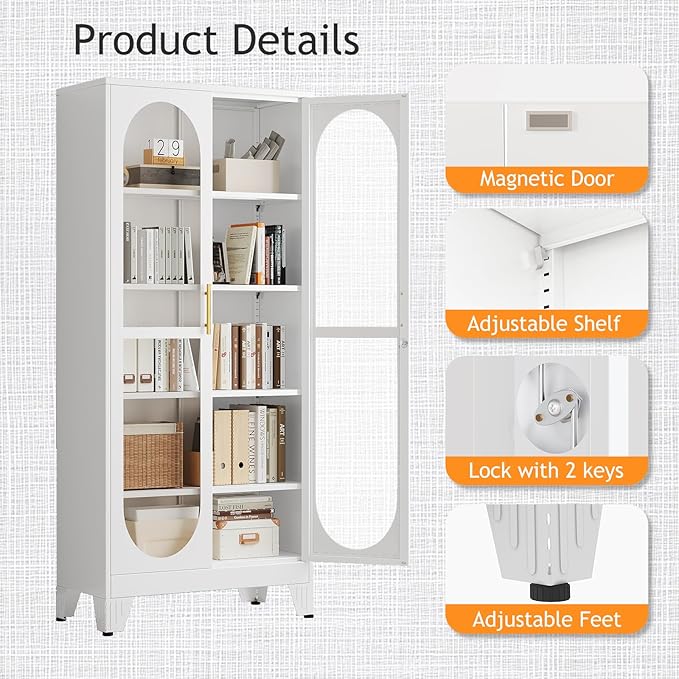 PAOFIN 71" H Locking Display Cabinet with Glass Door, Metal Curio Cabinets with 4 Adjustable Shelves, Tall Liquor Cabinet Display Case for Living Room, Collectibles, Home - Assembly Required White