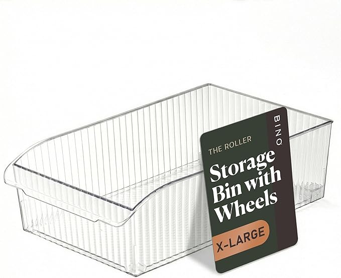 BINO | Plastic Storage Bins with Wheels, X-Large | THE ROLLER COLLECTION | Clear Storage Bins for Organization | Clear Containers for Pantry Fridge & Freezer Organizer Bin Cabinet & Pantry Organizers