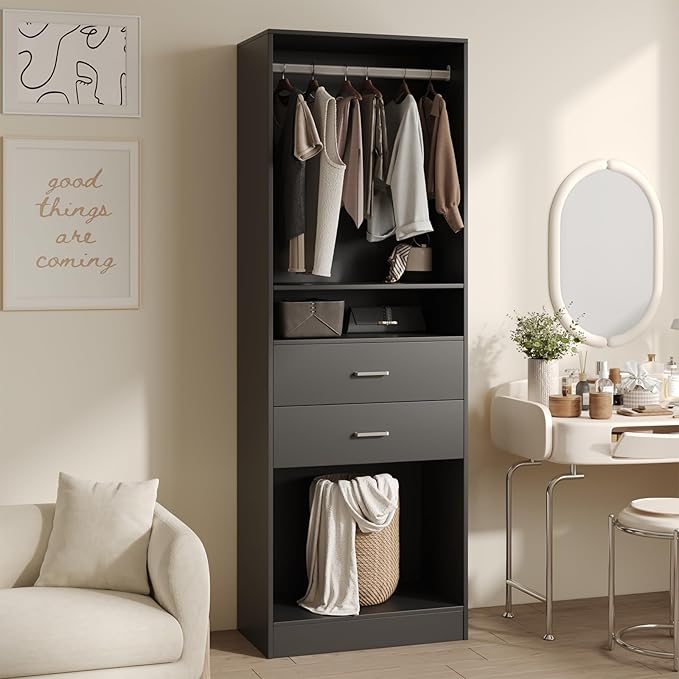 VOWNER 25'' Freestanding Closet System with Drawers & Hanging Rod, Wood Closet Organizer System, Walk-in Closet Shelving Unit, Clothes Garment Rack, Armoire Wardrobe Bedroom Entryway