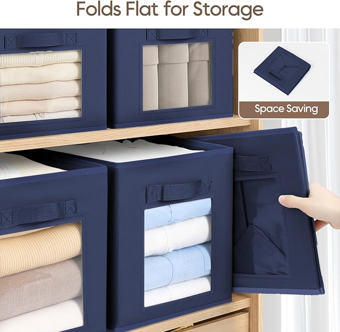 Homsorout Storage Cube 11 Inch - Cube Storage Bins with Window, Closet Storage Baskets with Handle, Fabric Bins for Closet, Shelves, Toys, Clothes, Set of 6, Navy Blue