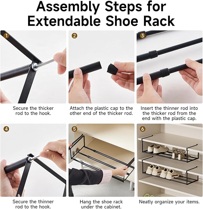 Expandable Hanging Shoe Rack Organizer for Closet, Adjustable Shoe Rack Under Cabinet Shelf, Versatile Under Shelf Storage for Kitchen, Book, Clothing Storage and Organization(Black,2PCS)
