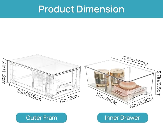 Vtopmart 6 Pack Stackable Storage Drawers,Clear Acrylic Drawer Organizers with Handles, Easily Assemble Containers for Fridge, Bathroom,Kitchen Undersink,Cabinet,Pantry Organization and Storage