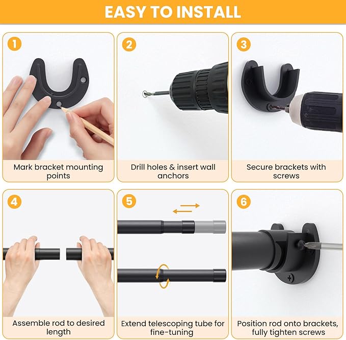 Closet Rods for Hanging Clothes, 17-54 Inch No-Cut Stepless Adjustable Closet Rod, 1.3 Inch Heavy Duty Metal Closet Hanging Rod with Brackets, Black Closet Bar for Closet, Laundry Room, RV, Wardrobes