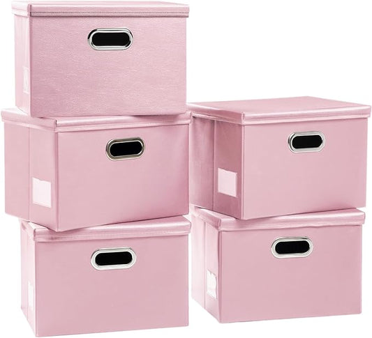 PRANDOM Foldable Storage Bins with Lids [5-Pack] Leather Fabric Collapsible Storage Boxes Organizer Containers Baskets Cube with Cover for Bedroom Closet Office Nursery Pink (14.9x10.8x10)