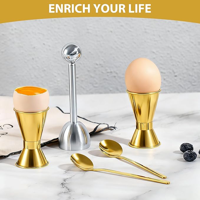 Egg Cups For Soft Boiled Eggs Set Of 5 - Includes 1 Stainless Steel Egg Cutter & 2 Egg Spoons & 2 Soft Boiled Egg Holder, Effortless & Precise Cracking - For Breakfast, Afternoon Tea, Parties