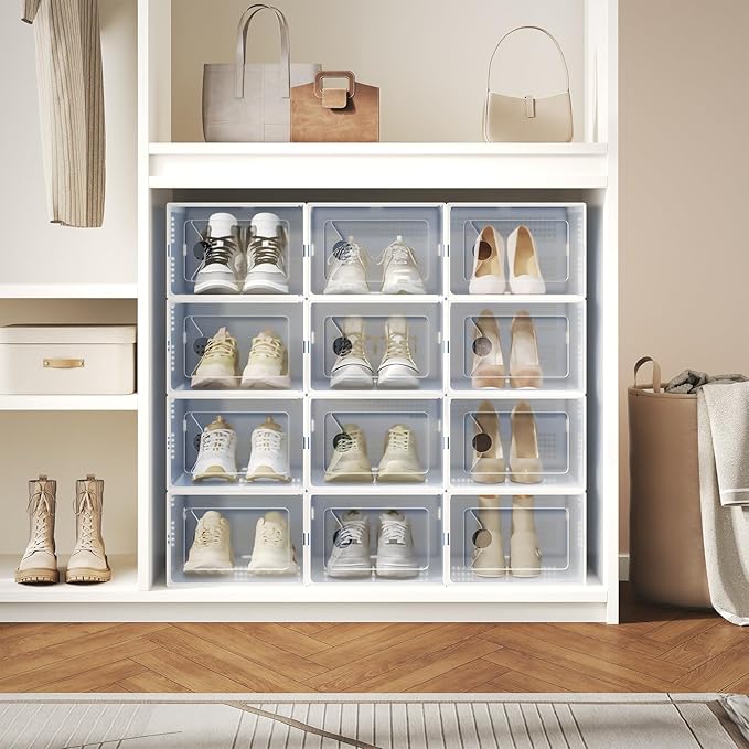DUMOS Shoe Storage Boxes, 12-Pack Stackable Clear Shoe Containers with Lids, Display Sneaker Case Organizer for Closet, Under Bed, Entryway,White (Fit Size 9)