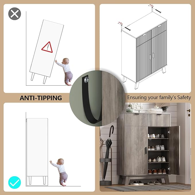 HUANLEGO Shoe Cabinet Storage for Entryway, 4 Tier Fluted Shoe Storage Cabinet with 2 Drawers, Narrow Hidden Shoe Organizer with Adjustable Shelves, Freestanding Shoe Rack for Entryway, Hallway, Grey