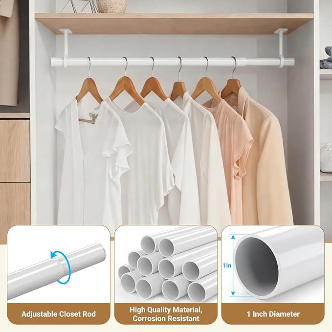 Closet Rods for Hanging Clothes Ceiling or Wall Mounted, 17–95 Inch Closet Rod Heavy-Duty Stepless Telescopic Clothes Hanging Rod for Closet Kitchen Laundry Room Living Room Balcony (White)