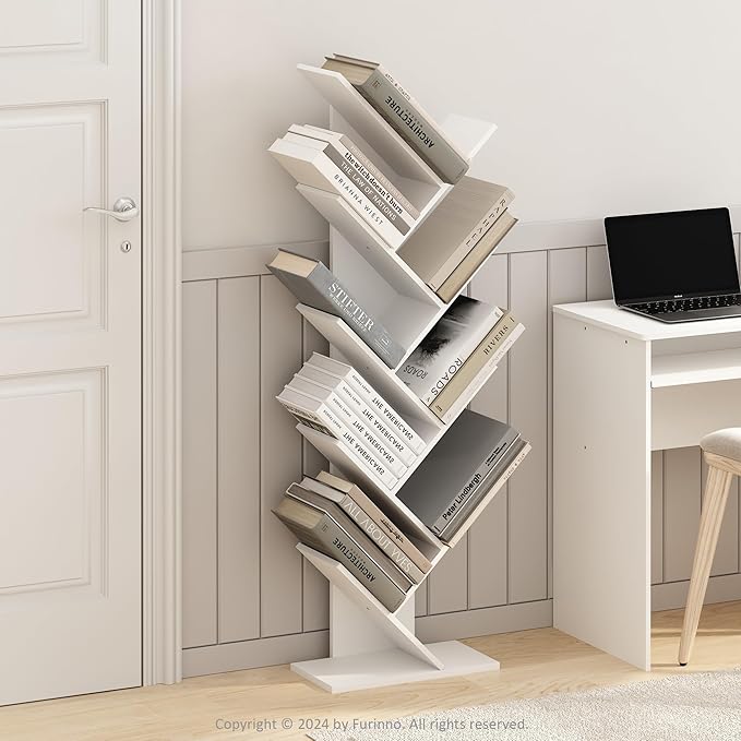 Furinno Tree Book Shelf, 9-Tier Bookshelf, Tree Bookcase for Room Decor, 8.4 x 15.7 x 50.9, for Living Room, Bedroom, Home Office, Plain White