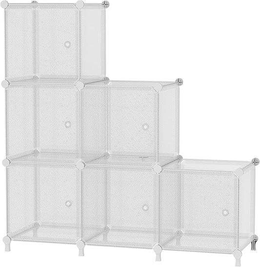 Cube Storage Organizer, 6-Cube Shelves Unit with Doors, DIY Stackable Plastic Clothes Organizer for Bedroom and Under Stairs Storage Unit, Each Compartment 30 x 30 x 30 cm Striped White