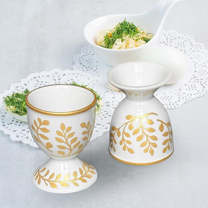 Cinf Ceramic Egg Cup Set of 2 Champagne Gold Porcelain Holder Breakfast Boiled Cooking Easy to Clean Childhood Memories Kitchen