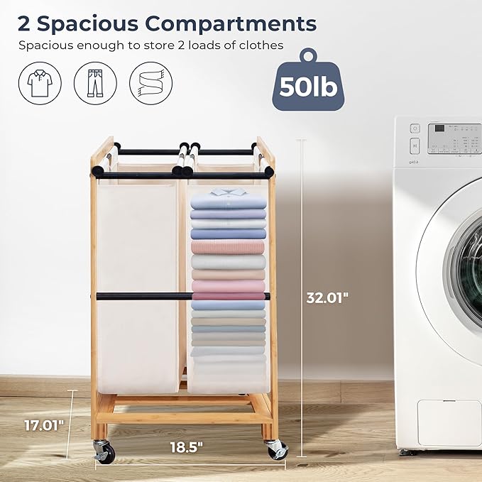 STO STO 2-Section Laundry Sorter with Bamboo Frame, Rolling Laundry Hamper Basket with Removable Bags and Lockable Wheels, Laundry Cart for Clothes Storage in Bedroom & Laundry Room, Beige