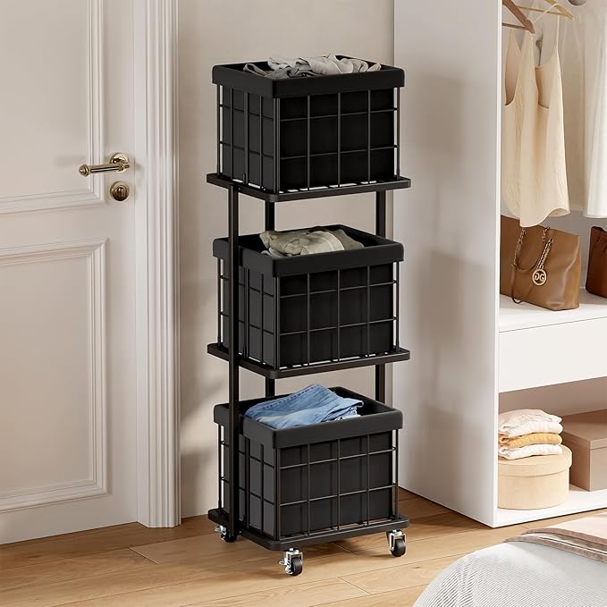 120L Vertical Rolling Laundry Hamper with Removable Bags, 3 Section Laundry Basket with Wheels, Slim Tall 3 Tier Laundry Sorter for Small Spaces, Dorm, Laundry Room, Bathroom, Closet, Black