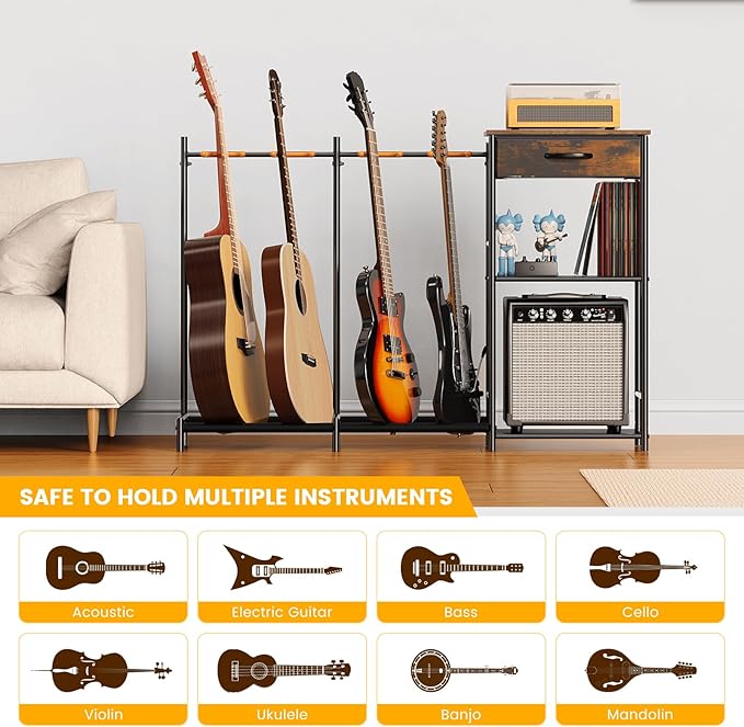 Guitar Stands Floor with 4 Guitar Holders, 3-Tier Guitar Stand Multiple Guitars, Guitar Rack with Amp Stand & Cloth Drawer, Multi Guitar Stand for Music Studio, Guitar Accessories gift for Music Lover