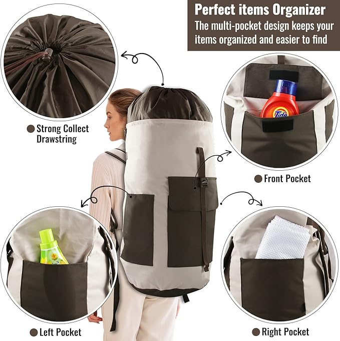 Laundry Backpack Bag 125L Extra Large, Heavy Duty for College Dorm & Apartment, Durable Thick Material Laundry Hamper with Padded Straps for Easy Carry, 3 Pockets for Travel & Laundromat (Khaki)