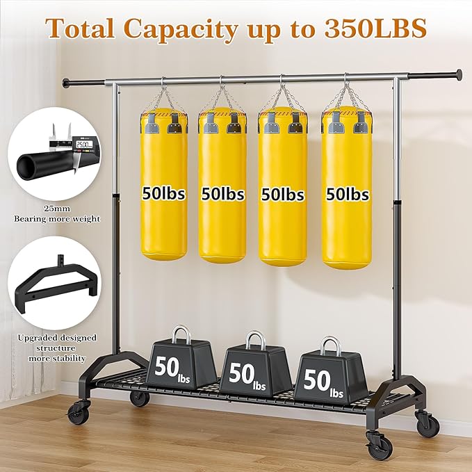 Wiracks Heavy Duty Clothes Rack for Hanging Clothes Extendable Rolling Clothing Rack for Hanging Clothes 350lbs Chrome 51 to 71" W x 16.53" D x 65" to 71" H 3" Industrial Wheels