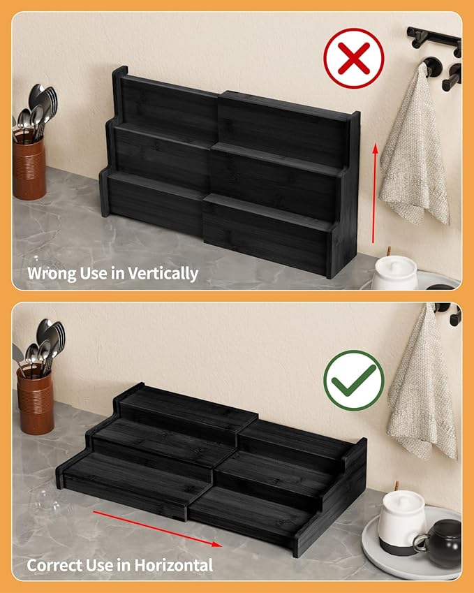VenDotbi Spice Rack, 3-Tier Expandable Bamboo Spice Rack Organizer for Cabinet - Kitchen, Pantry and Cupboard Storage Organizer-Black