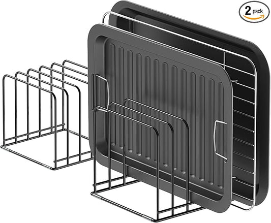 KORRTFID Kitchen Cabinet Organizer, Steel Cookware Holder, Divided Holder with 5 Slots for Skillets Baking Tray and Chopping Board Rack - Baking Pan Holder Storage (2 PCS)