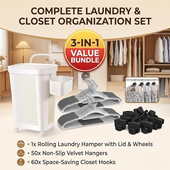 Rolling Laundry Hamper Bundle with 50 Clothes Hangers & 60 Closet Organizer Hooks - Wheeled Laundry Basket Set with Non-Slip Hangers and Space Saver Hooks for Bedroom Closet Organization（White）