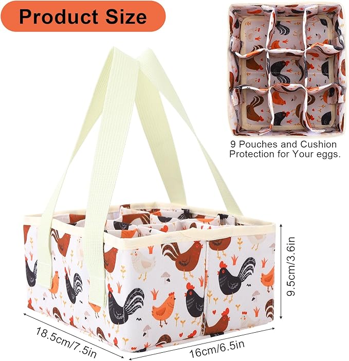 Removable Egg Collecting Basket, Egg Basket for Gathering Fresh Eggs with 9 Pouches, Foldable Canvas Egg Holder, Collector Egg for Chicken, Duck, Goose, Collection (Cartoon Chicken)
