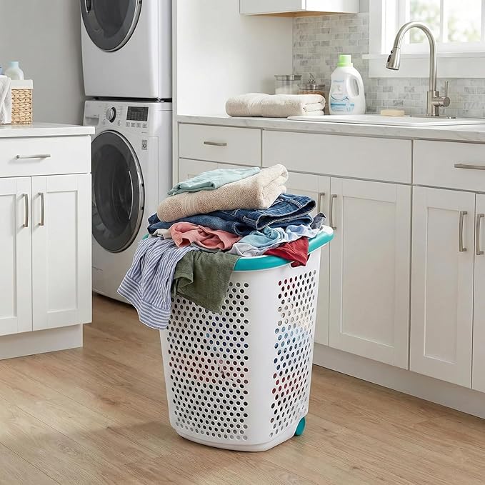 2 Bushel Rolling Laundry Hamper with Wheels & Retractable Handle, Large Capacity Plastic Laundry Basket on Wheels, Airy Hollow Design, White with Teal Accents, 15.47 x 20.11 x 25.00 Inches