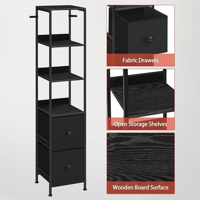 Tall Bathroom Storage Cabinet Slim Bathroom Floor Cabinet Narrow Freestanding Floor Cabinet with 2 Drawer, for Small Space, Living Room, Home Office, Black, 11.8" D x 11.8" W x 55.8" H