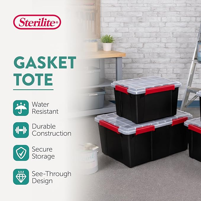 Sterilite 12 Pack Gasket Box, Stackable Plastic 8.5 Gallon Storage Container with Lids, Black - Waterproof and Dustproof Tote for Home Organization