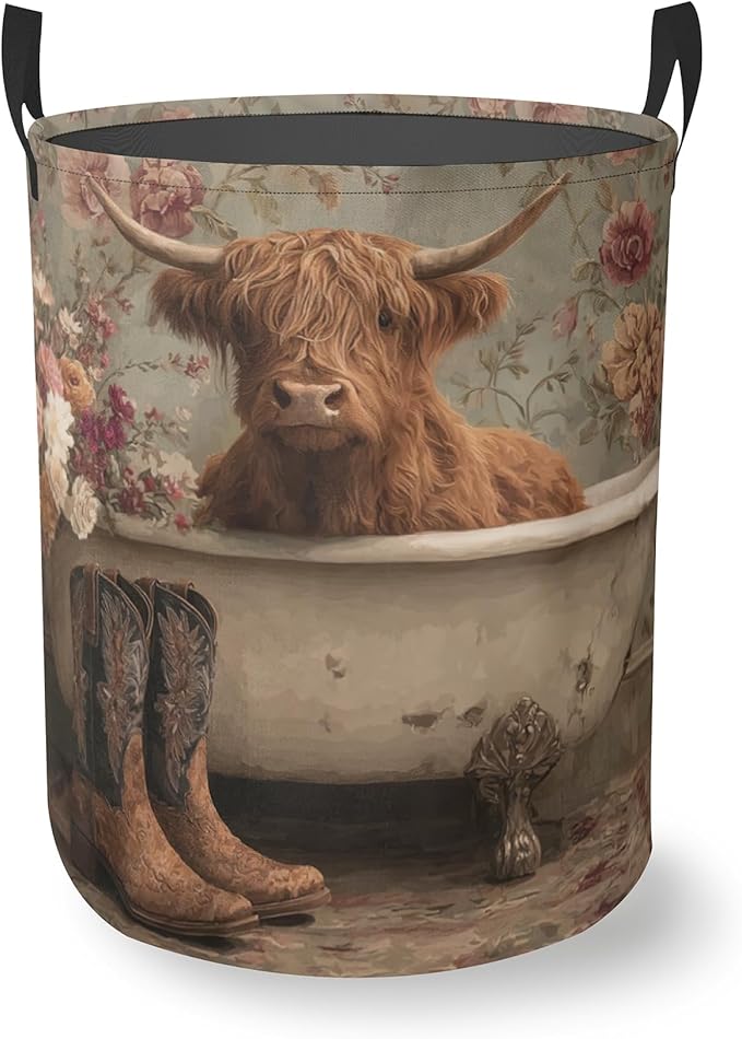 Vintage Highland Cow Floral Round Laundry Hamper Storage Basket Toys Clothes Organizer Bin For Home Bathroom Bedroom Dorm Nursery