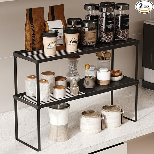 Magheo Expandable Cabinet Shelf Organizer, 2 Pack Stackable Kitchen Counter Shelf Riser, Metal Spice Rack Adjustable Heavy Duty Countertop Organizer Storage for Kitchen, Pantry, Cupboard, Rv (Black)