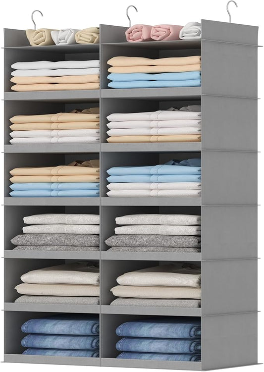 Lifewit Dual-Row Shelf Hanging Closet Organizer and Storage, Clothes Shelves with 3 Sturdy Hooks for Clothing Organization, Foldable Container Hold Up to 36 Sweaters, 6 Tier 12 Sections, Light Gray